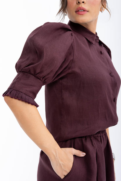 Mian Linen Puff Sleeve Blouse | Burgundy