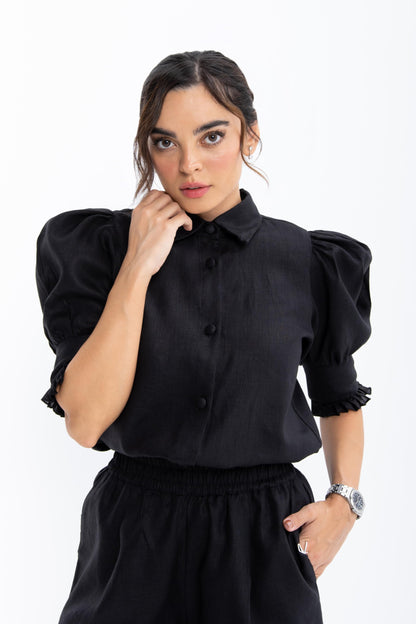 Mian Linen Puff Sleeve Blouse | Black