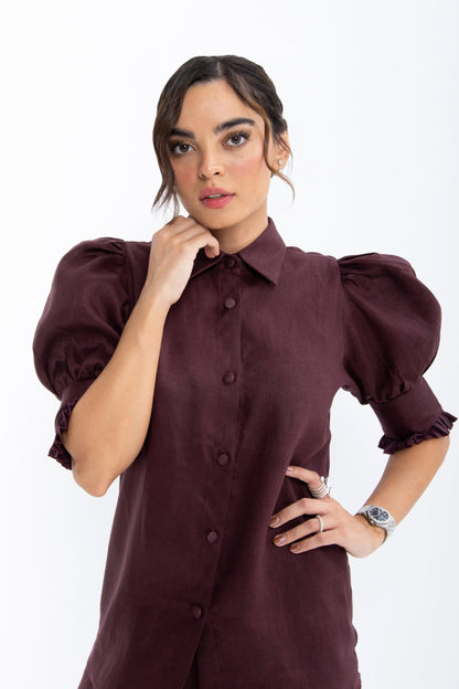 Mian Linen Puff Sleeve Blouse | Burgundy