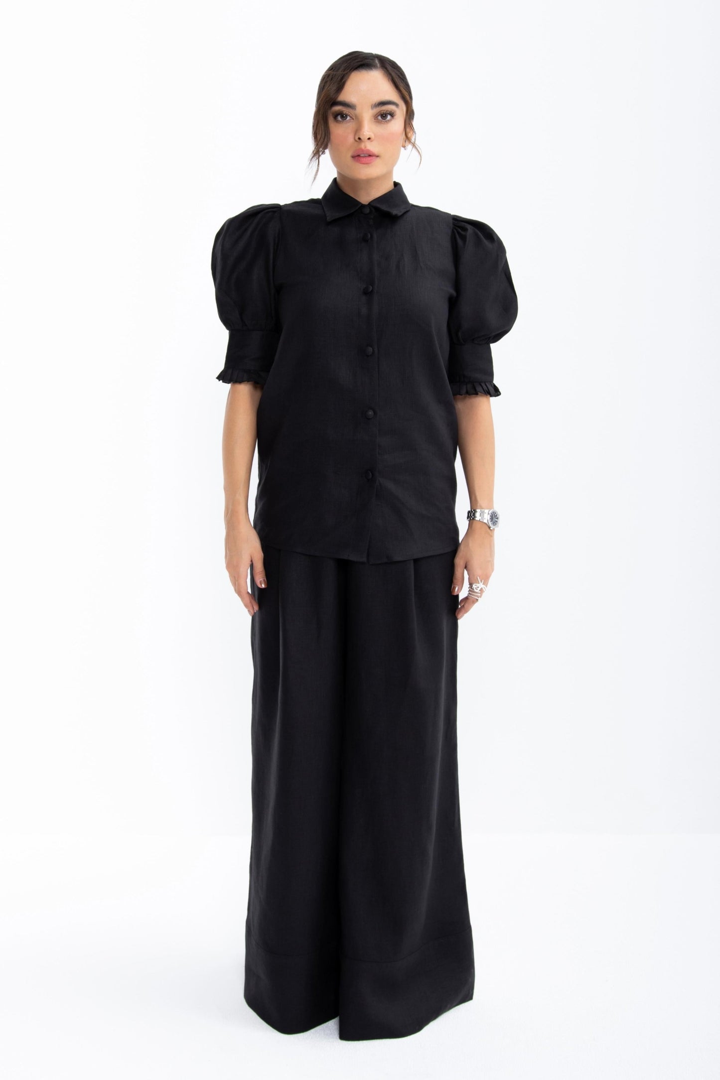 Mian Wide Leg Linen Trousers | Black