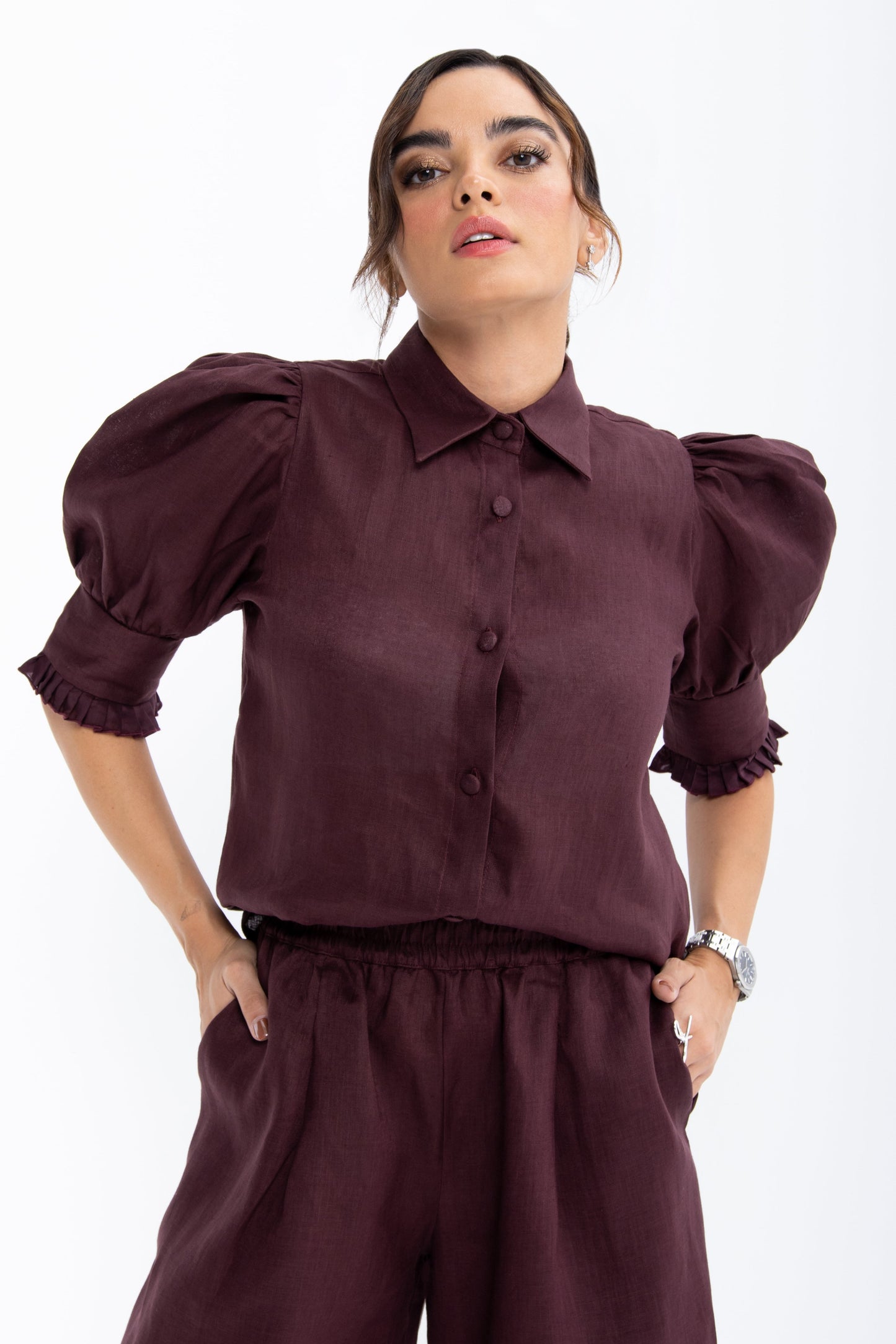 Mian Linen Puff Sleeve Blouse | Burgundy